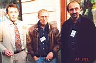 (слева направо): Александр Корженевский (Москва), Роберт Шекли (США), Роберто Кваглиа (Генуя)