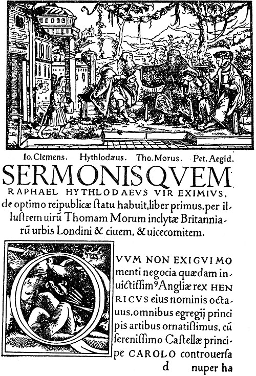 Первая страница текста Утопии с изображением действующих лиц диалога